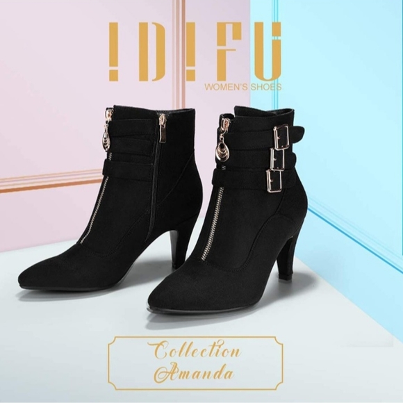 IDIFU black Women's 3 Buckle Strap Ankle Booties 3 Inch Pointed Toe Zipper Heels - Picture 2 of 7